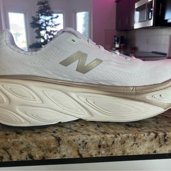 New Balance Fresh Foam x More v5 White and Gold Athletic Shoes - Picture 3 of 8